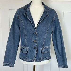 Ethyl Vintage Denim Blazer Jacket ~ Women's LARGE ~Medium Wash Stretch Y2K Retro